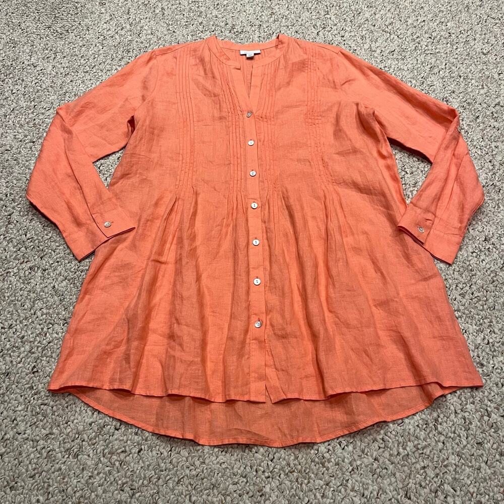 J Jill Love Linen Button Front Tunic M Coral Long Sleeve Coastal Casual